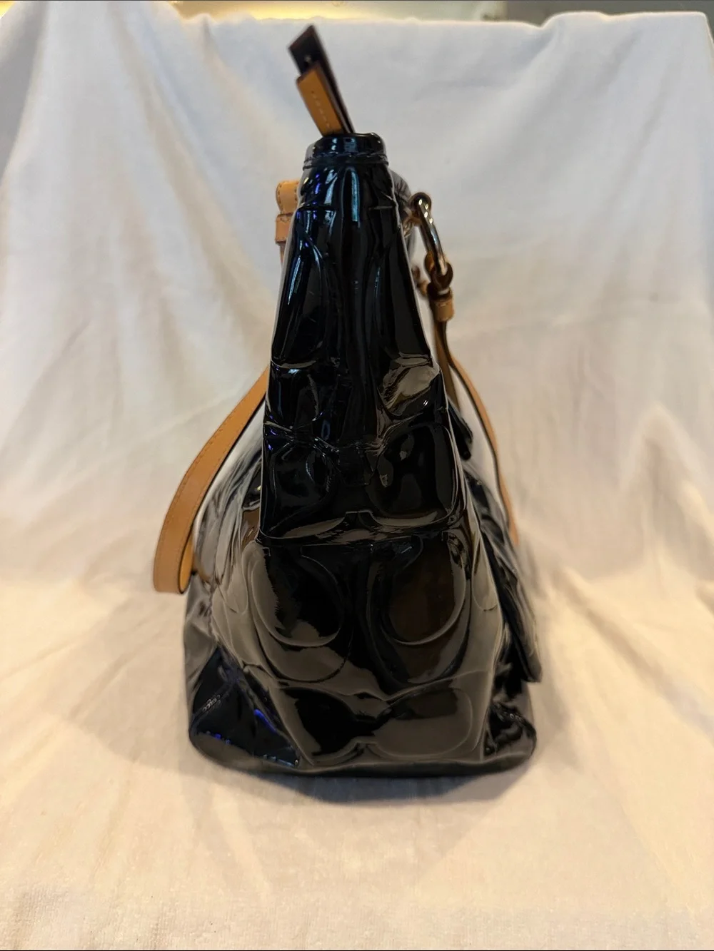 Coach Patent Leather Tote in Navy Blue with Tan Straps